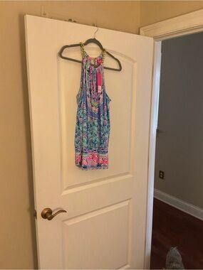 Lilly Pulitzer Blue Multicolor Halter Dress with Gold Neck Detail